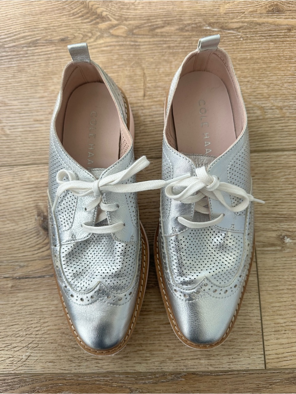 Cole Haan Women's Metallic Silver Perforated Wingtip Loafers
